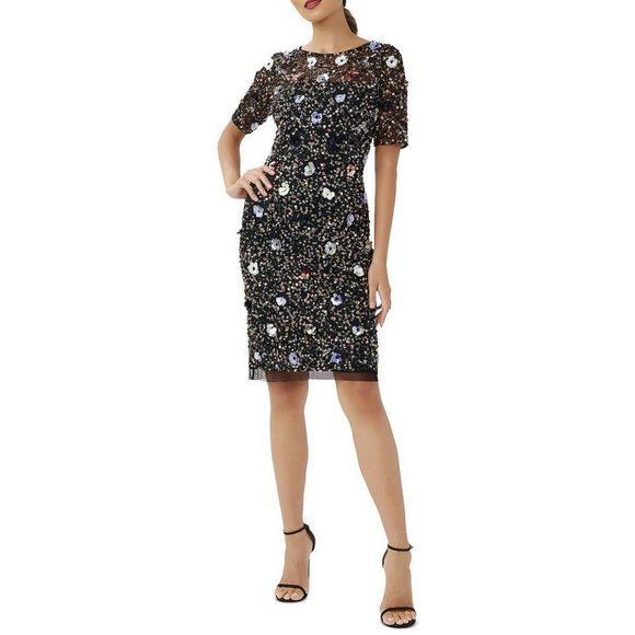 NWT Adrianna Papell Sz 4 Midnight Hand Beaded Mesh Sheath Dress Lined Zipper - Picture 1 of 16